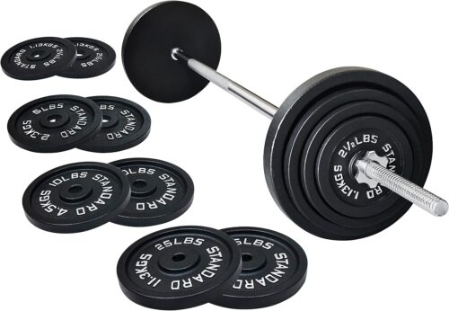 Cast Iron Standard Weight Plates Including 5FT Standard Barbell with Star Locks, 95-Pound Set (85 Pounds Plates + 10 Pounds Barbell), Multiple Styles