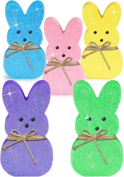 Easter Decor Bunny Signs: 5 Pcs Glittery Wood Easter Decorations for Tiered Tray Mantel Table