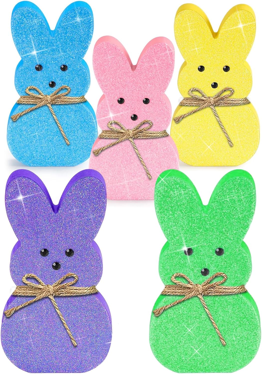 Easter Decor Bunny Signs: 5 Pcs Glittery Wood Easter Decorations for Tiered Tray Mantel Table
