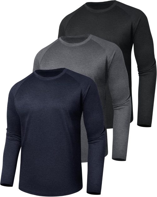 3 Pack Long Sleeve Shirts for Men – Dry Fit Moisture Wicking UV Sun Protection T-Shirts for Fishing Workout Athletic