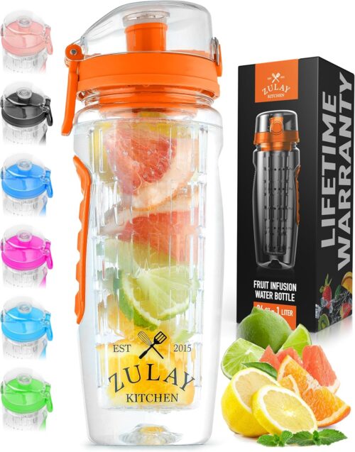 Zulay Fruit Infuser Water Bottle – 34oz – Leakproof With Full-Length Infusion Rod – Men Women’s Ideal Fitness Gift Or For Gym, Camping