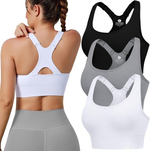 Evercute Adjustable Sports Bras for Women 3/4 Pack Racerback High Support Bras Padded Workout Bras Seamless Yoga Athletic Bra