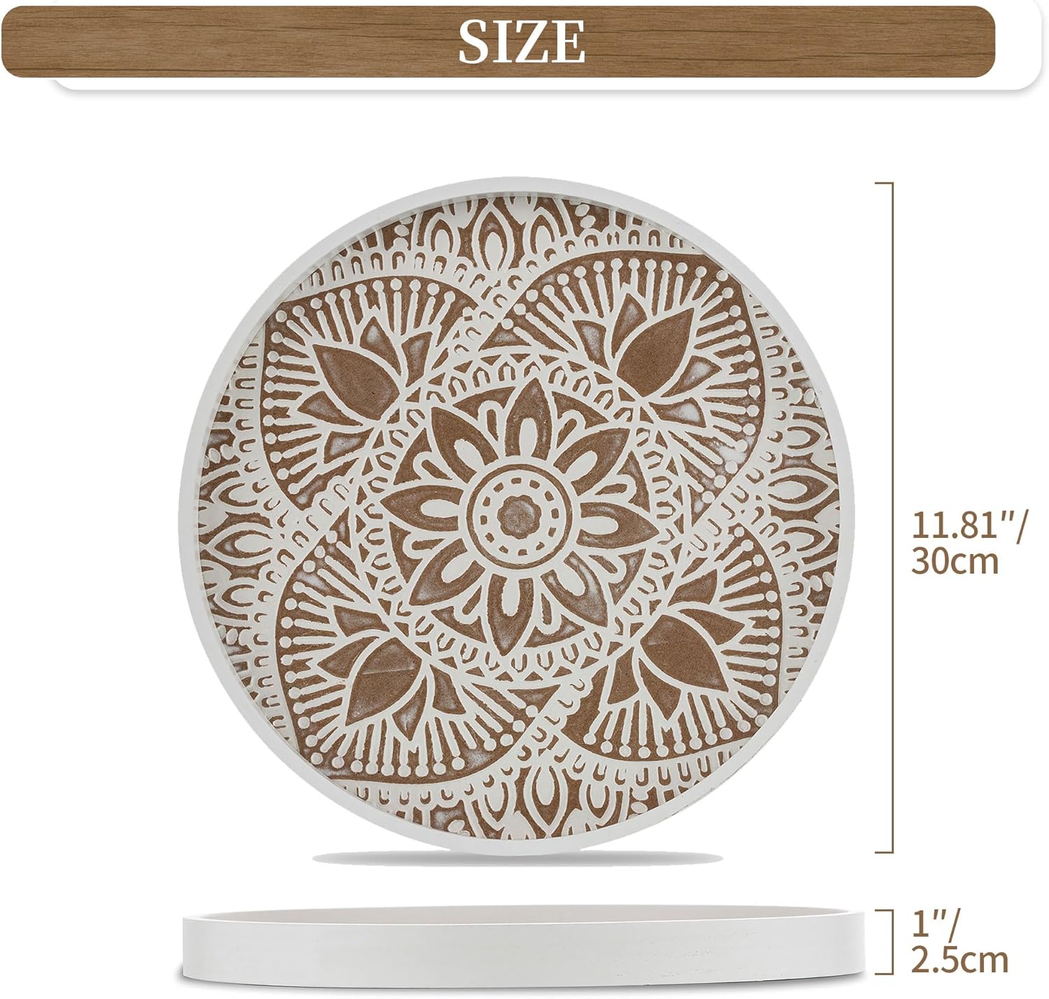 Hanobe Decorative Serving Tray Round: Farmhouse Coffee Table Tray for Ottoman Boho Wooden Centerpiece Rustic White Washed Mandala Home Decor Living Dining Room Kitchen Counter Display - Image 6