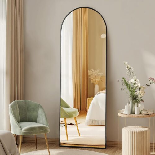 DUMOS Arched Full Length Mirror with Stand 64″x21″ Floor Standing Aluminum Frame for Bedroom Body Hanging Leaning Modern Simple Home Decor Shatter-proorf Nano Glass Wall Living Room Cloakroom Black