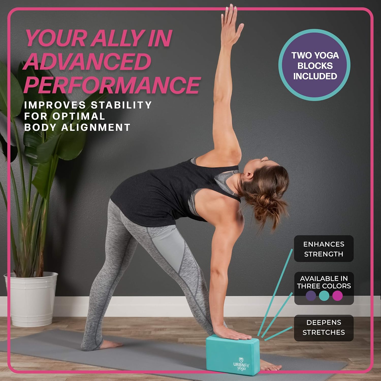 URBNFit Yoga Blocks 2 Pack - Sturdy Foam Yoga Block Set with Strap for Exercise, Pilates Workout, Stretching, Meditation, Stability - High Density Non Slip Brick, Fitness Accessories - Image 2