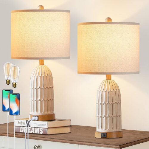 Table Lamps for Bedroom Set of 2, Farmhouse 3-Way Dimmable Touch Lamp for Nightstand with 2 USB Charging Ports, White Vintage Boho Bedside Lamp for Living Room End Table (Bulbs Included)