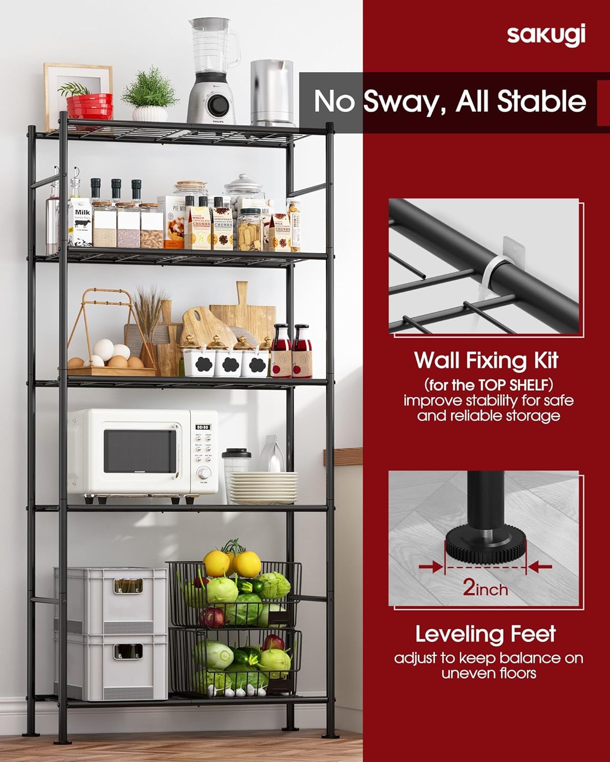 Storage Shelves - 5 Tier Shelf Organizer, Heavy Duty Garage Shelving Unit with Leveling Feet, Stable Metal Shelves Organizer for Pantry, Kitchen and Closet, 33.1" W X 12.6" D X 72.0" H, Black - Image 5