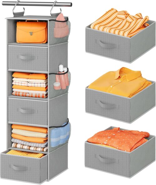 Pipishell Hanging Closet Organizer 6-Shelf, Hanging Shelves for Closet with 3 Removable Drawers & Side Pockets for Bedroom or Garment Rack, 12′ x 12′ x 43.3′, Dark Gray