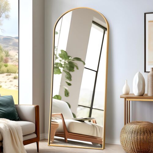 NicBex Arched Full Length Mirror, 64″x24″ Aluminum Alloy Frame Full Body Mirror with Stand, Gold – Free Standing, Leaning Against Wall or Wall-Mounted, for Bedroom Living Room Dressing Room