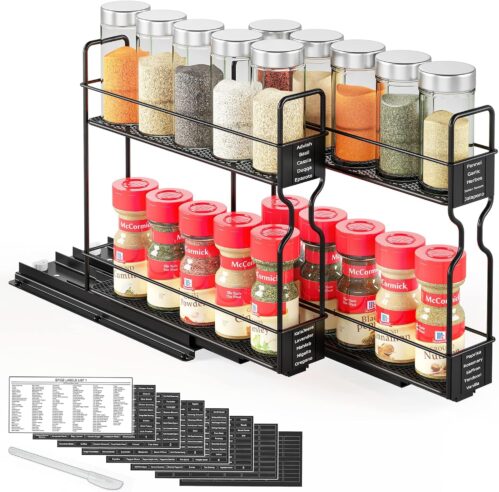 SpaceAid Pull Out Spice Rack Organizer for Cabinet, Heavy Duty Slide Out Seasoning Kitchen Organizer, Cabinet Organizer, with Labels, 5.2″ W x10.75 D x10 H, 2 Drawers 2-Tier