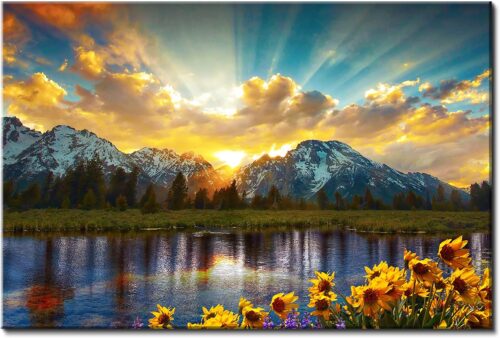 Large Sunset Mountain Wall Art Nature Grand Teton Landscape Picture Living Room Wall Decor National Park Poster Lakeside Sunflower Scenery Painting Canvas Prints Forest Artwork Home Decoration 32×48”