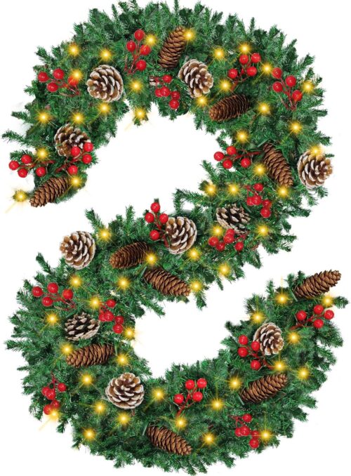 Christmas Garland, 12FT Prelit Christmas Garland with 100 LED Lights, Greenery Xmas Garland with 20 Pine Cones 90 Red Berry Christmas Decoration for Indoor Outdoor Home Mantel Fireplace