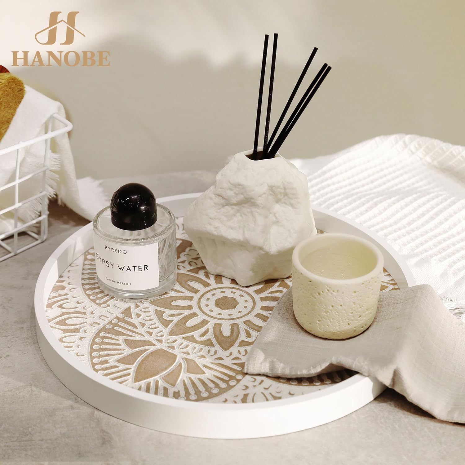 Hanobe Decorative Serving Tray Round: Farmhouse Coffee Table Tray for Ottoman Boho Wooden Centerpiece Rustic White Washed Mandala Home Decor Living Dining Room Kitchen Counter Display - Image 5