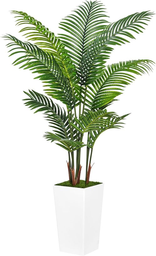 Artificial Palm Tree 5FT – Fake Tree with White Tall Planter – Faux Tropical Areca Floor Plant in Pot – Artificial Silk Plant for Home Office Living Room Decor Indoor
