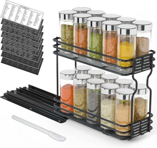 SpaceAid Pull Out Spice Rack Organizer for Cabinet, Heavy Duty Slide Out Seasoning Kitchen Organizer, Cabinet Organizer, with Labels, 4.5″ W x10.75 D x8.5 H, 1 Drawer 2-Tier