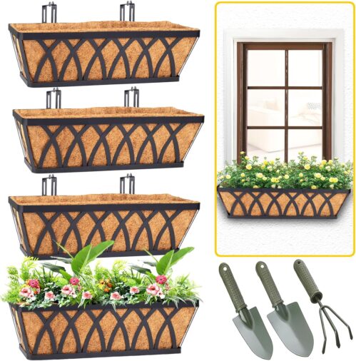 HKZ Deck Balcony Railing Planter Window Boxes – 4 Pack 24 Inch Railing Planter Box, Balcony Planters Railing Hanging, Window Planter Boxes Outdoor Fence Planters