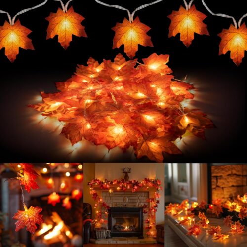 Dazzle Bright 2 Pack Thanksgiving Maple Leaf String Lights, Total 20FT 40 LED Battery Operated Lighted Fall Leaves Garland, Thanksgiving Decorations for Indoor Outdoor Autumn Harvest Decor
