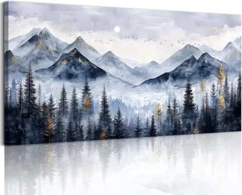 SERIMINO Mountain Landscape Large Wall Art, Misty Forest Canvas Prints, Blue Gold Watercolor Pine Tree Paintings Wall Decor Living Room Bedroom, Natural Scenery Office Decor Pictures 20″X40″