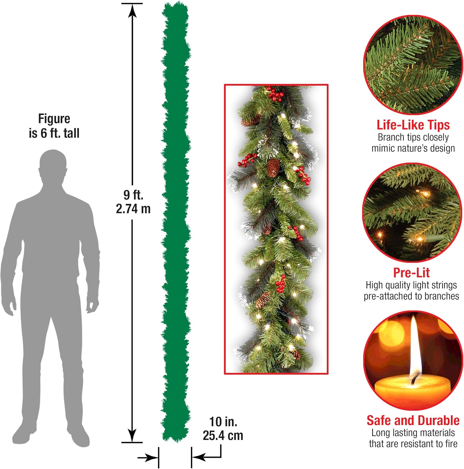National Tree Company Pre-Lit Artificial Christmas Garland, Green, Crestwood Spruce, White Lights, Decorated with Glitter, Pinecones, Berry Clusters, Battery Operated, Christmas Collection, 9 Feet - Image 7