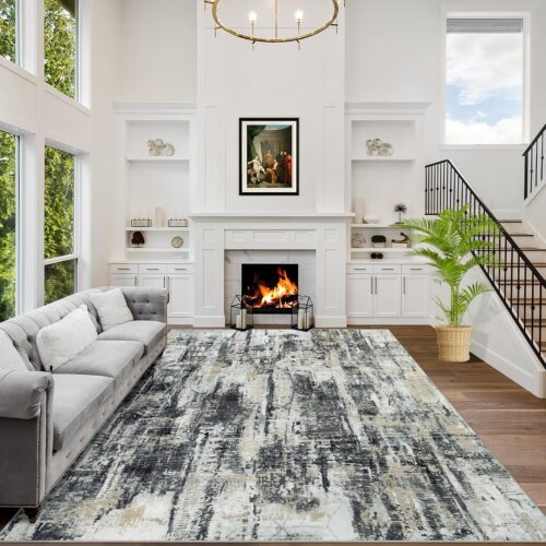 8×10 Area Rugs Washable Rug: Large Modern Abstract Living Room Rug Soft Anti-Skid Thin Carpet Indoor Floor Non-Shedding Carpets for Bedroom Dining Farmhouse Nursery Home Office Black Grey Gold