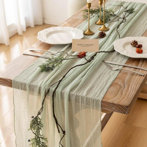 Keketo Sage Green Easter Table Runner Cheesecloth 120 Inch 10 FT Rustic Boho Cheese Cloth Table Runner for Wedding Baby Shower Bridal Shower Sheer Gauze Centerpiece Spring Home Decorations