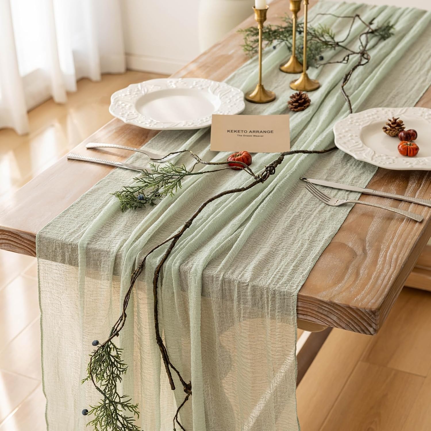 Keketo Sage Green Easter Table Runner Cheesecloth 120 Inch 10 FT Rustic Boho Cheese Cloth Table Runner for Wedding Baby Shower Bridal Shower Sheer Gauze Centerpiece Spring Home Decorations