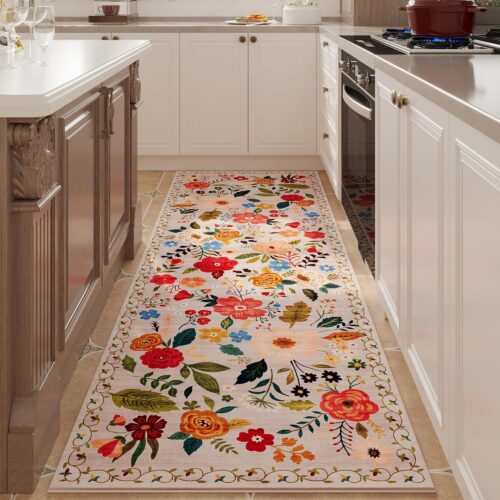 Runner Rug for Hallways Kitchen Runner Rug Non Slip 2’6”x8′ Washable Runner Rugs with Rubber Backing Soft Floral Carpet Runner for Hallways, Kitchen, Laundry, Bedroom, Bathroom(Beige)