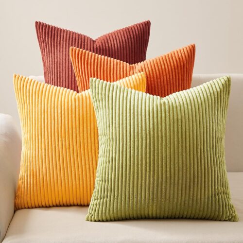 Topfinel Fall Burnt Orange Decorative Throw Pillows Covers 18×18 Inch Set of 4,Yellow Green Gradient Series Corduroy Striped Square Pillow Case,Western Modern Cushion Cover for Couch Sofa Bedroom