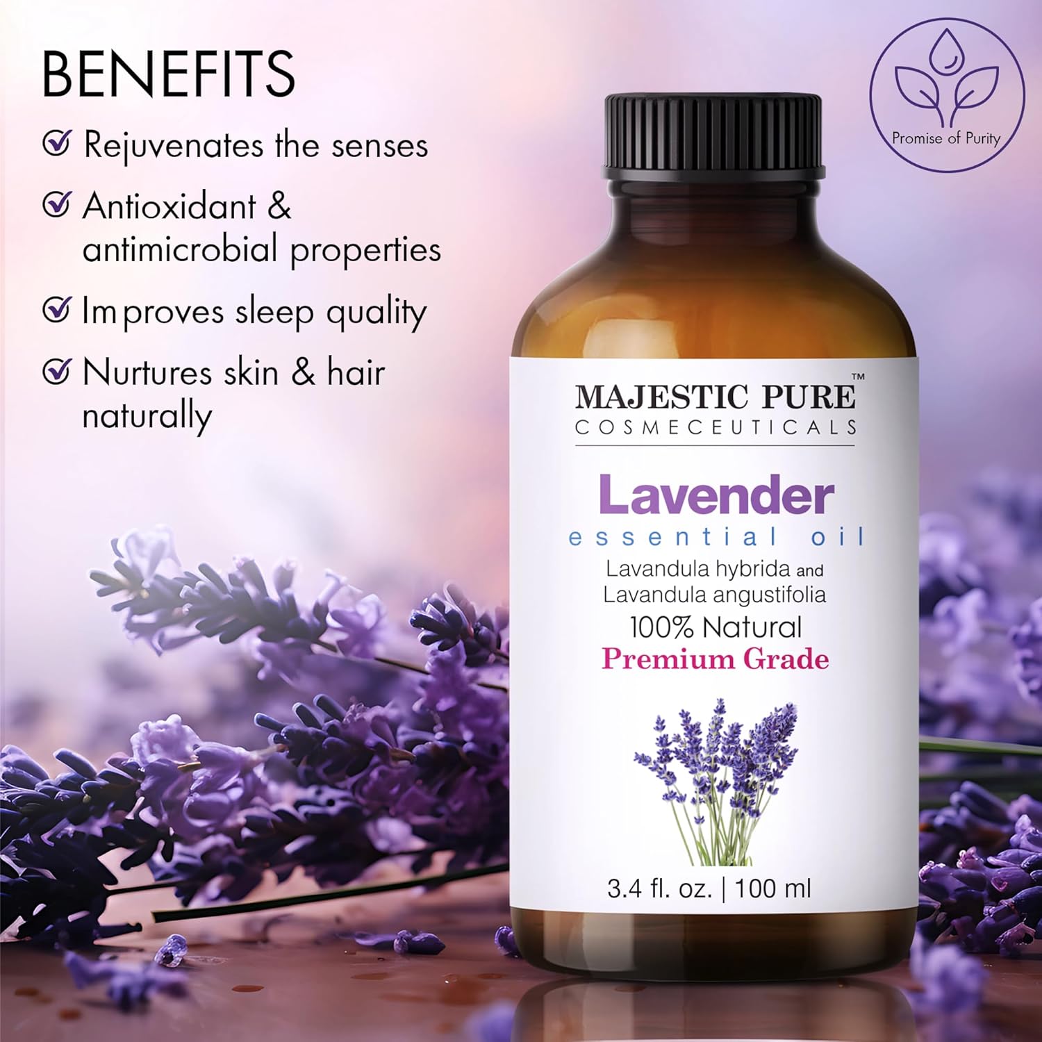 Majestic Pure Lavender Essential Oil with Glass Dropper | 100% Pure and Natural Lavender Oil | Premium Grade Essential Oils for Diffusers, Skin, Aromatherapy, Massage | 4 Fl Oz - Image 2