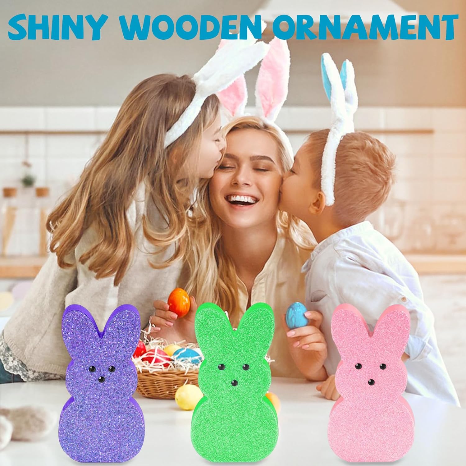 Easter Decor Bunny Signs: 5 Pcs Glittery Wood Easter Decorations for Tiered Tray Mantel Table - Image 6
