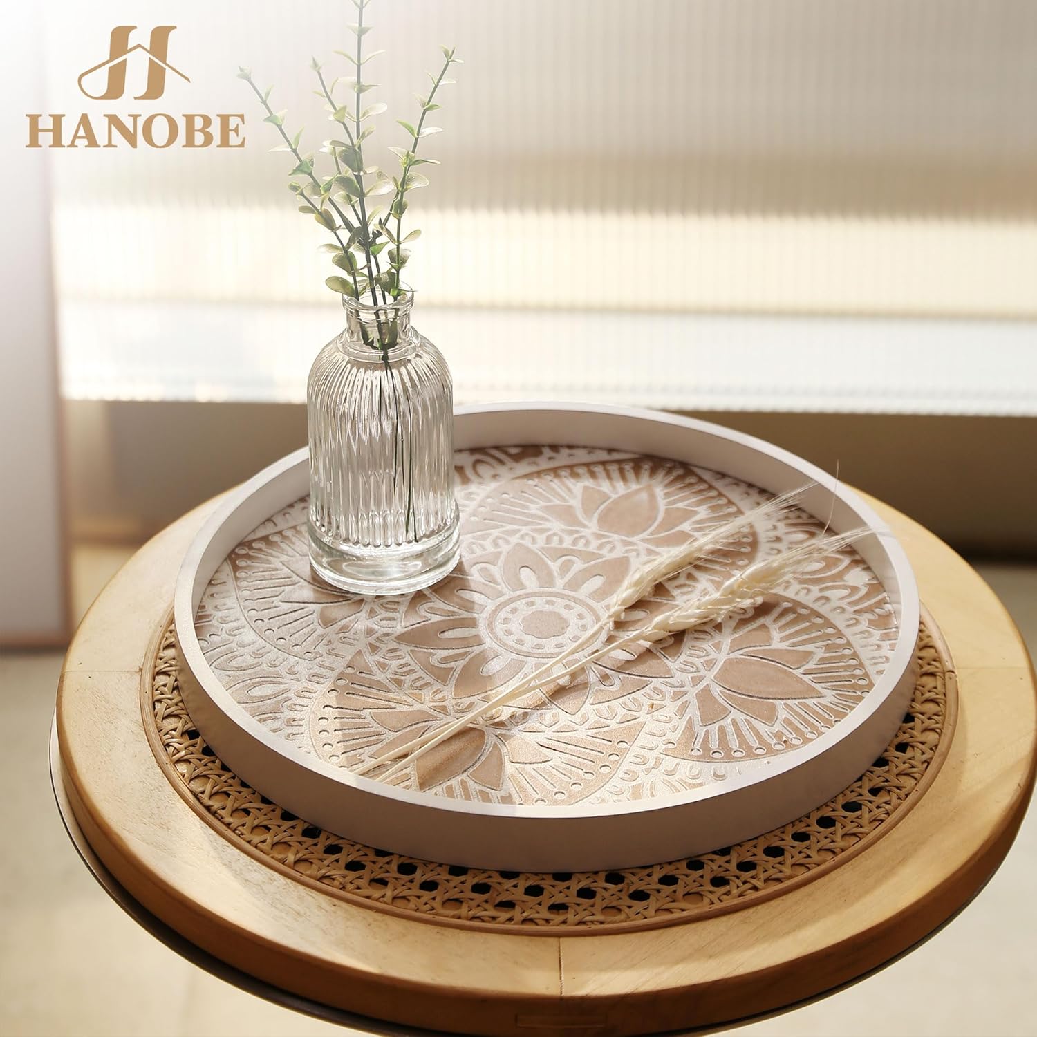 Hanobe Decorative Serving Tray Round: Farmhouse Coffee Table Tray for Ottoman Boho Wooden Centerpiece Rustic White Washed Mandala Home Decor Living Dining Room Kitchen Counter Display - Image 7