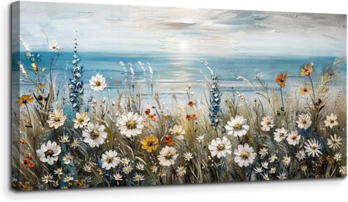 SERIMINO Coastal Landscape Wall Art Prints, Beach Daisy Large Canvas Prints, Wildflowers Paintings Modern Farmhouse Decor, Floral Pictures Wall Decor Living Room Dining Room Kitchen 20″X40″