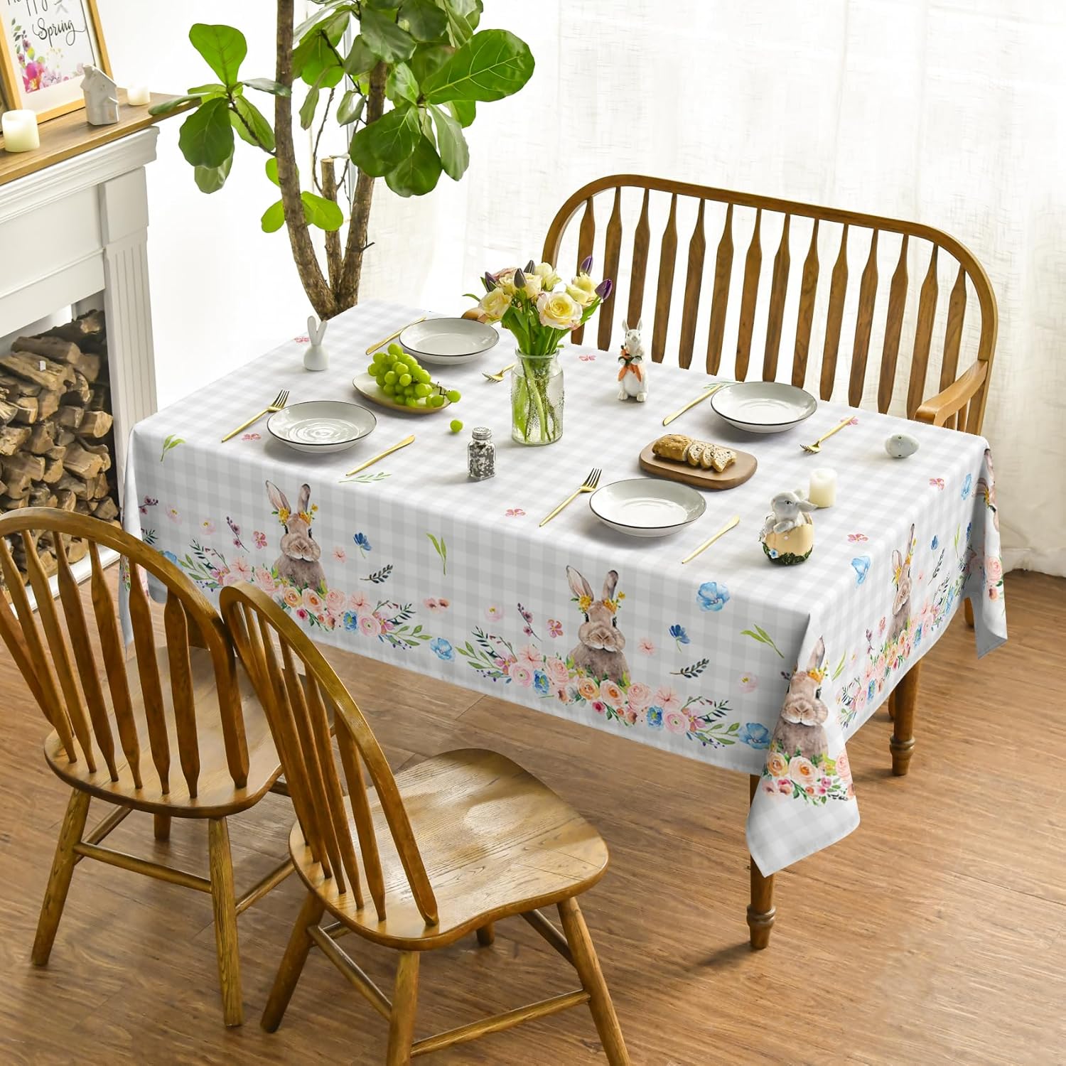 Horaldaily Easter Tablecloth 60x84 Inch Rectangular, Spring Flower Buffalo Plaid Bunny Table Cover for Party Picnic Dinner Decor - Image 2