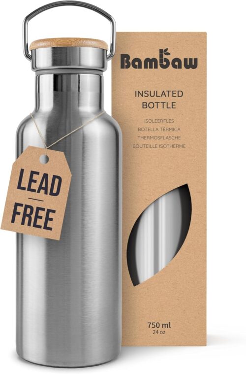 Bambaw Insulated Water Bottle 24oz | Stainless Steel Water Bottle | Insulated Water Bottles | Travel Water Bottle | Metal Water Bottle | Large Water Bottle | Reusable Water Bottle 750 ml