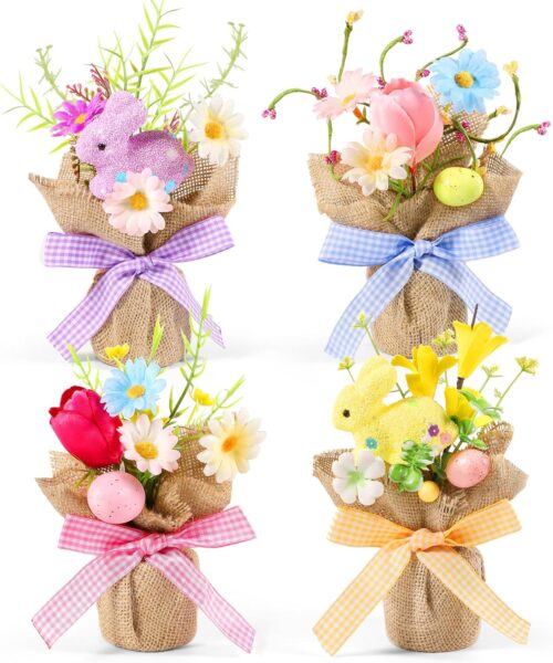 4 Pcs Easter Centerpiece Table Decorations Mini Artificial Easter Potted Plants Arrangement with Flowers Eggs Rabbits for Spring Home Desktop Farmhouse Party Decor