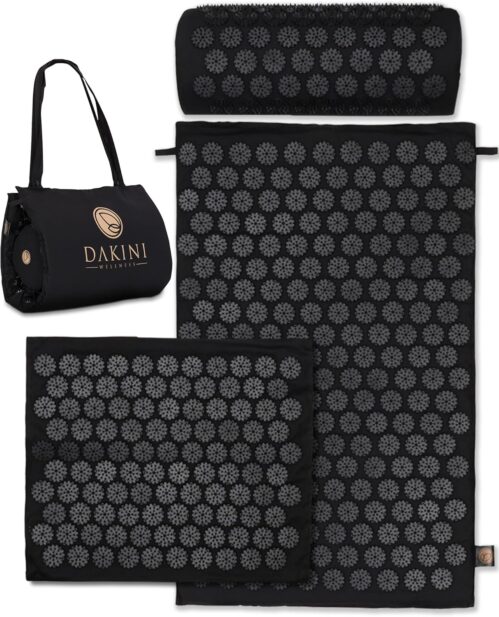 Acupressure Mat and Pillow Set with Extra Mini Accupressure Massage Pad – Acupuncture Mat Full Body – Accupoint Pad with Pressure Point for Back Pain (Black)