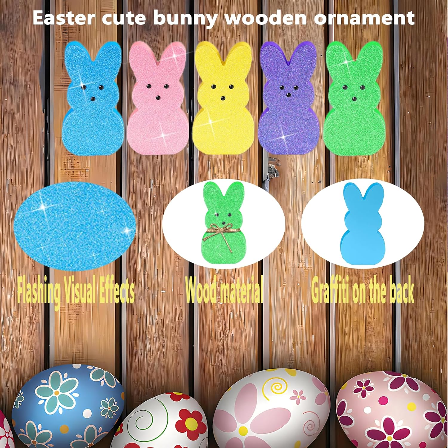 Easter Decor Bunny Signs: 5 Pcs Glittery Wood Easter Decorations for Tiered Tray Mantel Table - Image 5