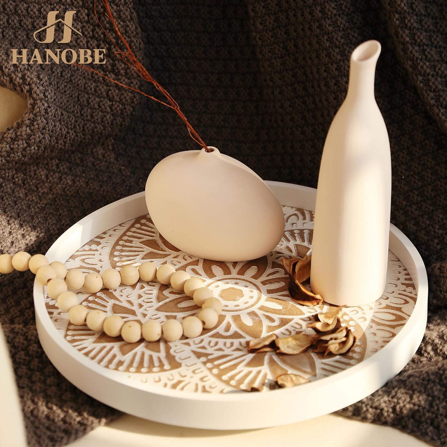 Hanobe Decorative Serving Tray Round: Farmhouse Coffee Table Tray for Ottoman Boho Wooden Centerpiece Rustic White Washed Mandala Home Decor Living Dining Room Kitchen Counter Display - Image 3