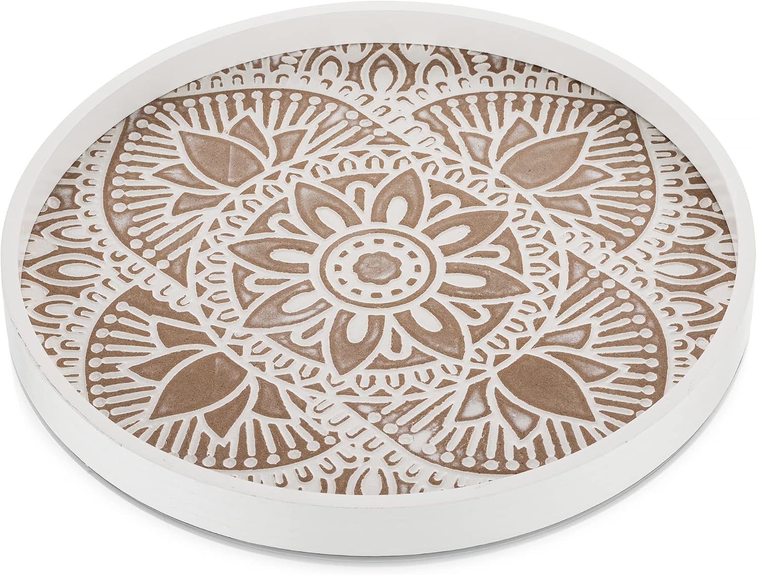Hanobe Decorative Serving Tray Round: Farmhouse Coffee Table Tray for Ottoman Boho Wooden Centerpiece Rustic White Washed Mandala Home Decor Living Dining Room Kitchen Counter Display
