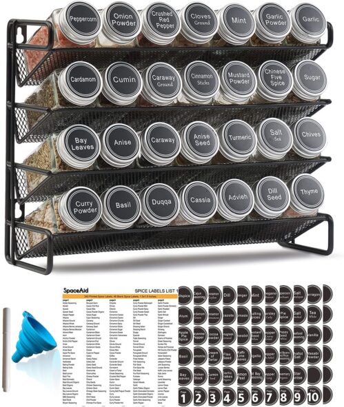 SpaceAid Spice Rack Organizer with 28 Spice Jars, 386 Spice Labels, Chalk Marker and Funnel Set for Cabinet, Countertop, Pantry, Cupboard or Door & Wall Mount – 28 Jars, 13.4″ W × 10.8″ H, Black