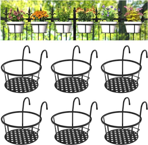 CADANI Iron Hanging Plant Holder Over The Rail Metal Fence Planters, Hanging Bucket Flower Pot Holder for Patio Balcony Outdoor Plants – Pack of 6 (Black)