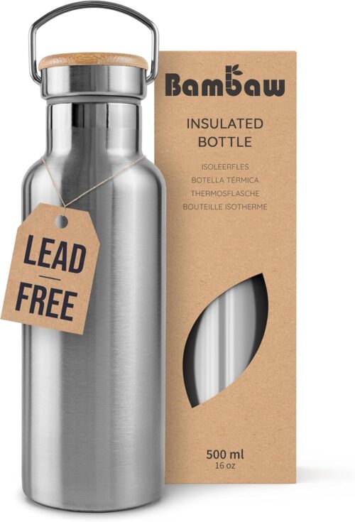 Bambaw Metal Insulated Water Bottle 16 oz | Stainless Steel Water Bottle Insulated | Reusable Water Bottle | Vacuum Insulated Water Bottle | Hot Water Bottle | Metal Water Bottle | Water Bottle 500 ml