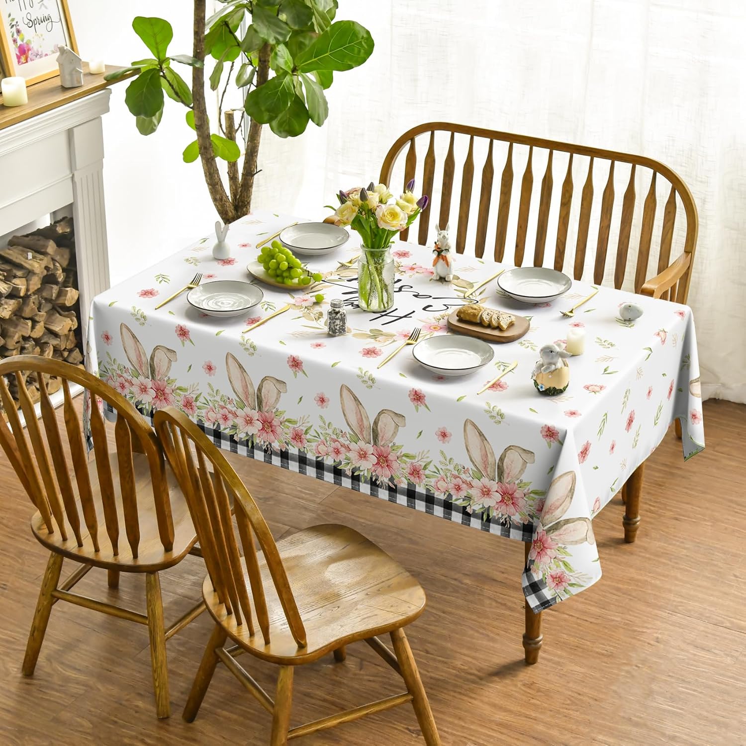 Horaldaily Easter Tablecloth 60x84 Inch Rectangular, Spring Flower Buffalo Plaid Bunny Ear Table Cover for Party Picnic Dinner Decor - Image 2