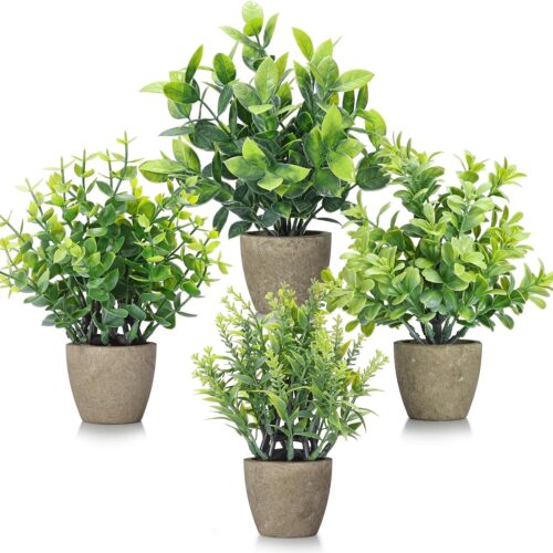4 Pack Fake Plants Ceramic Mini Artificial Greenery Potted Plants for Home Decor Office Decor Room Decor Farmhouse Decor Indoor Table Bathroom Decor
