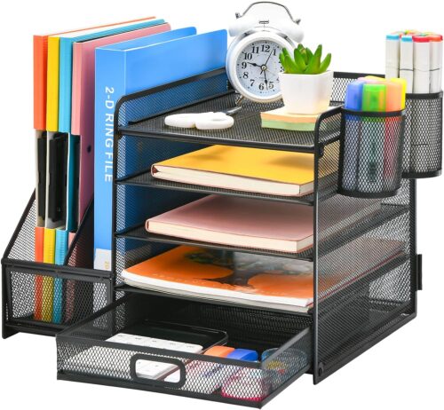 Marbrasse Desk Organizer with File Holder, 5-Tier Paper Letter Tray Organizer with Drawer and 2 Pen Holder, Mesh Desktop Organizer and Storage with Magazine Holder for Office Supplies(Black)