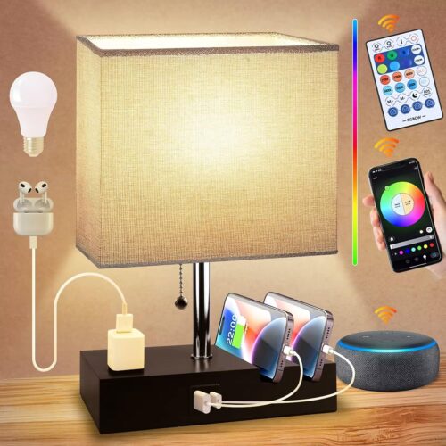 Smart RGB Dimmable Table Lamp Work with Alexa&APP&Remote Control, Bedside Desk Lamp with Charging Ports&Outlet&Phone Stand, Music Sync Nightstand Lamp for Bedroom Living Room Office Dorm