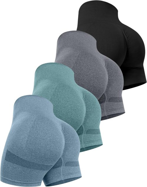 CHRLEISURE Women’s 4 Packs Workout Gym Shorts, High Waisted Butt Lifting Scrunch Butt Seamless Booty Shorts