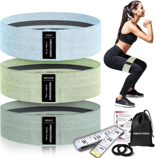 Wide Fabric Resistance Bands for Working Out, 3 Level Non-Slip Exercise Booty Bands for Women & Men Leg and Glutes with Hair Ties and Tape Measure – for Home Gym Workout, Yoga, Pilates