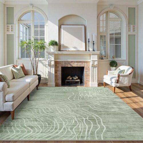 LIVEBOX 8×10 Modern Area Rugs for Living Room, Abstract Non-Slip Washable Rugs, Minimalist Wave Striped Neutral Boys Girl Nursery Area Rug for Bedroom, Carpet for Playroom Office(Sage Green,8’x10′)