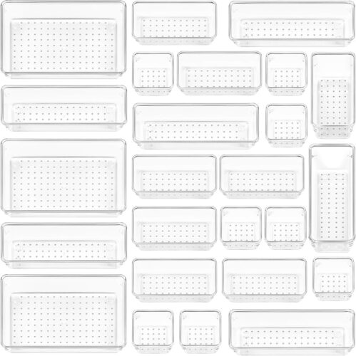 Vtopmart 25 PCS Clear Plastic Drawer Organizers Set, 4-Size Versatile Bathroom and Vanity Drawer Organizer Trays, Storage Bins for Makeup, Bedroom, Kitchen Gadgets Utensils and Office